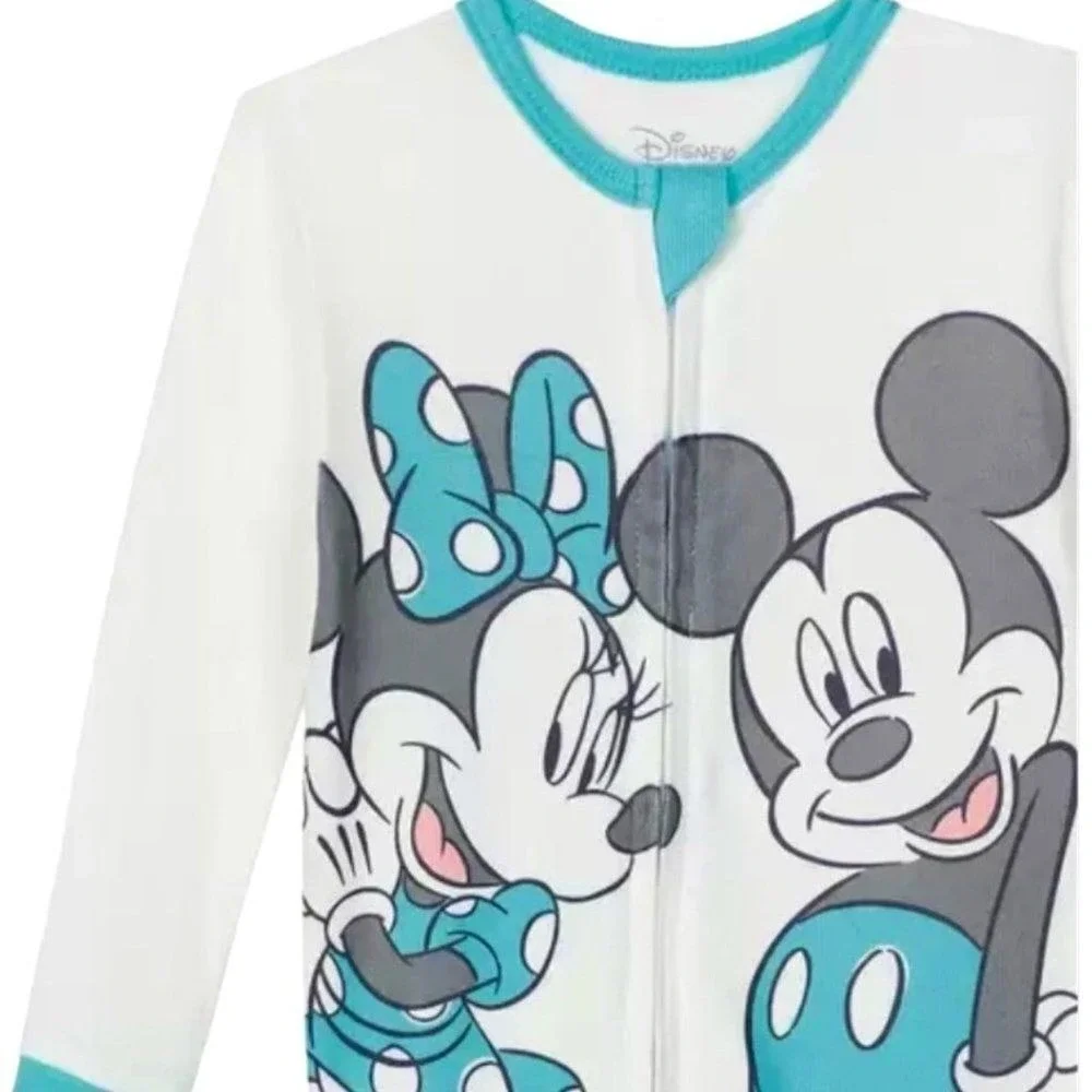 Disney Mickey Minnie‎ Mouse 2 Pack Footed Sleeper Pajamas White Gray 6M New!